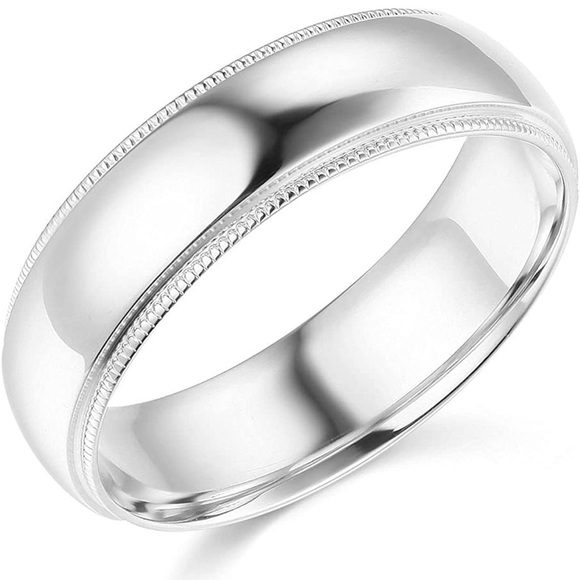 14k White Gold 6mm SOLID COMFORT FIT Plain Milgrain Wedding Band.
